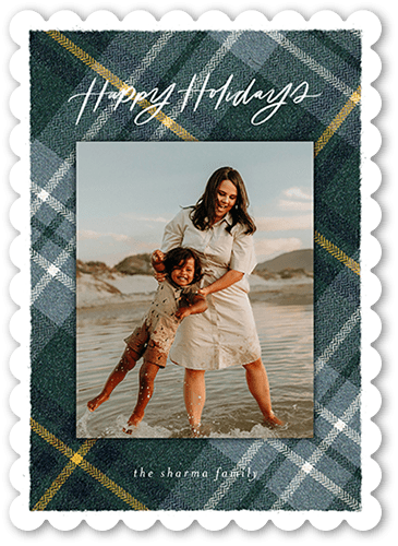 Holiday Cards: Plaid Photo Frame 5x7 Portrait Flat Blue 4 Photos Pearl Shimmer Cardstock Scallop Shutterfly