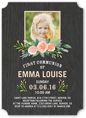 Blissful Bouquet 5x7 Gray  First Communion Invitation
