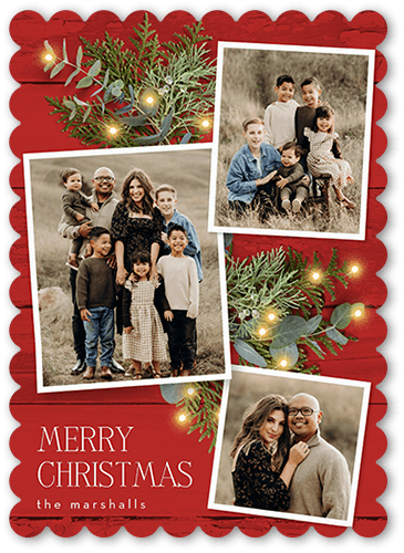 Holiday Cards: Festive Photos 5x7 Portrait Flat Red 3 Photos Pearl Shimmer Cardstock Scallop Shutterfly