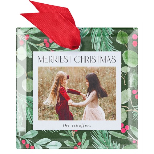 Winterberry Frame 3x3 Green  Glass Ornament