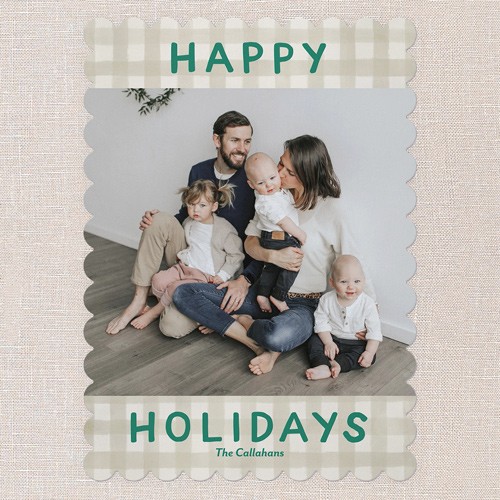 Holiday Cards: Pretty In Plaid 5x7 Portrait Flat Beige 5+ Photos Pearl Shimmer Cardstock Scallop Shutterfly