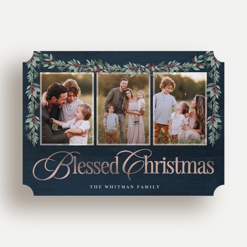 Religious Christmas Foil Stamped Cards: Painted Swag 5x7 Flat Gray Rose Gold Foil 3 Photos Pearl Shimmer Cardstock Ticket Shutterfly