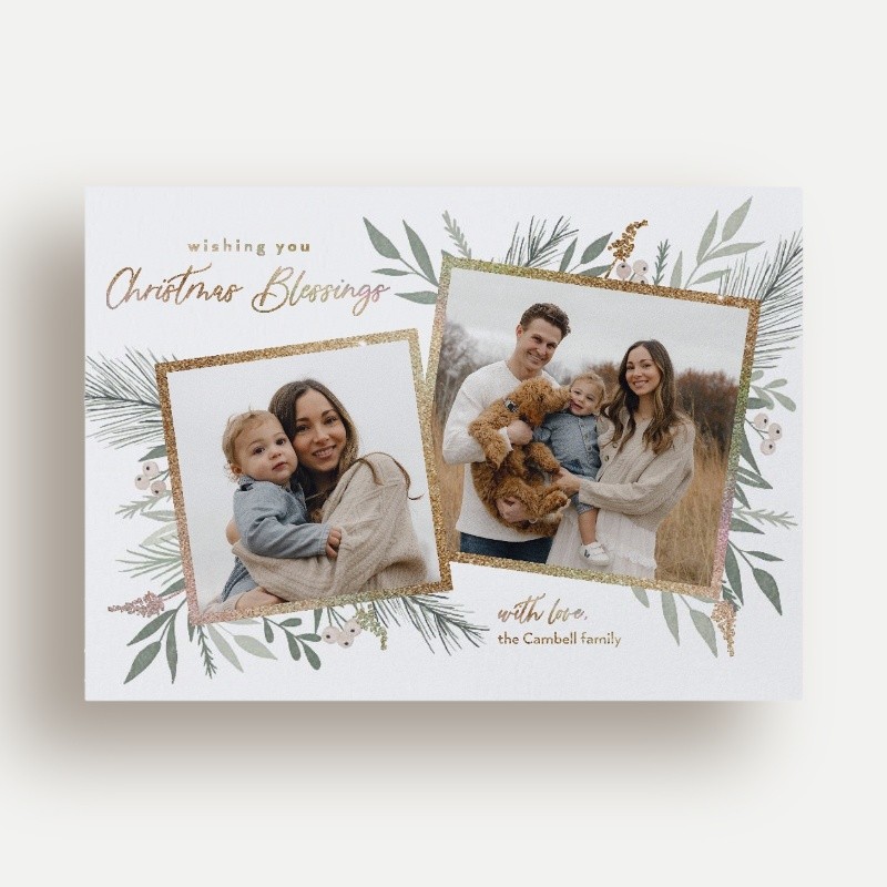 Religious Christmas Foil Cards: Elegant Botanicals 5x7 Flat Beige Gold Sparkle Foil 2 Photos Foil Cardstock Square Shutterfly