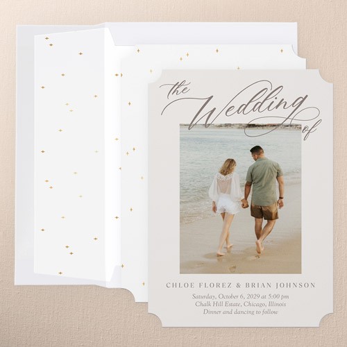 Wedding Invitations: Elegant Upper Script 5x7 Flat Beige 1 Photo Pearl Shimmer Cardstock Ticket Shutterfly