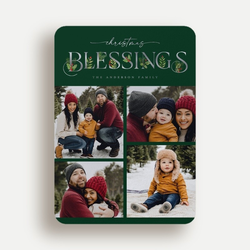 Religious Christmas Foil Cards: Classic Statement 5x7 Flat Green Silver Foil 4 Photos Foil Cardstock Rounded Shutterfly