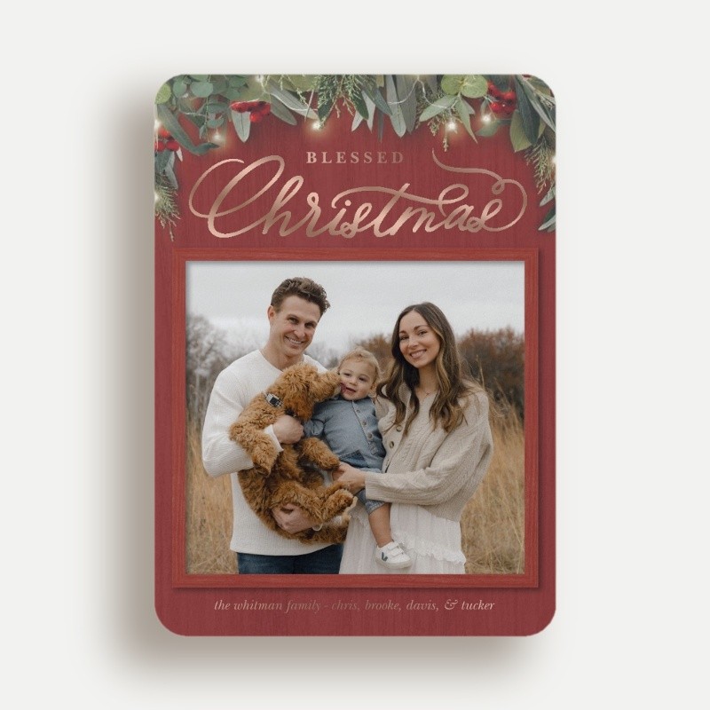 Religious Christmas Foil Cards: Farmhouse Greenery 5x7 Flat Red Rose Gold Foil 1 Photo Foil Cardstock Rounded Shutterfly