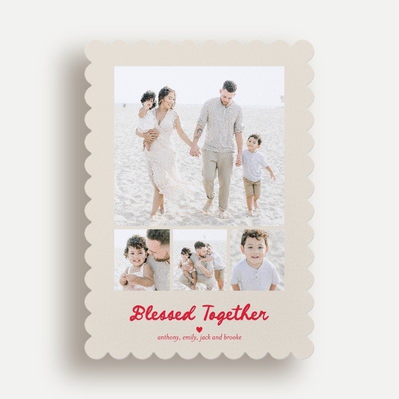 Religious Christmas Cards: Nine Frame 5x7 Portrait Flat Beige 4 Photos Pearl Shimmer Cardstock Scallop Shutterfly