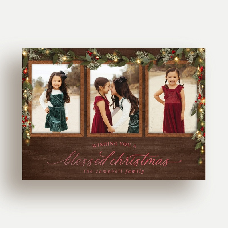 Religious Christmas Foil Cards: Gorgeous Frosty Garland 5x7 Flat Brown Red Foil 3 Photos Foil Cardstock Square Shutterfly