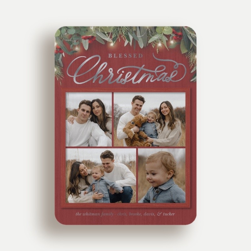 Religious Christmas Foil Cards: Farmhouse Greenery 5x7 Flat Red Silver Foil 4 Photos Foil Cardstock Rounded Shutterfly