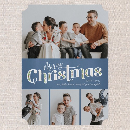 Christmas Cards: Classic Christmas Charm 5x7 Portrait Flat Blue 4 Photos Signature Smooth Cardstock Ticket Shutterfly