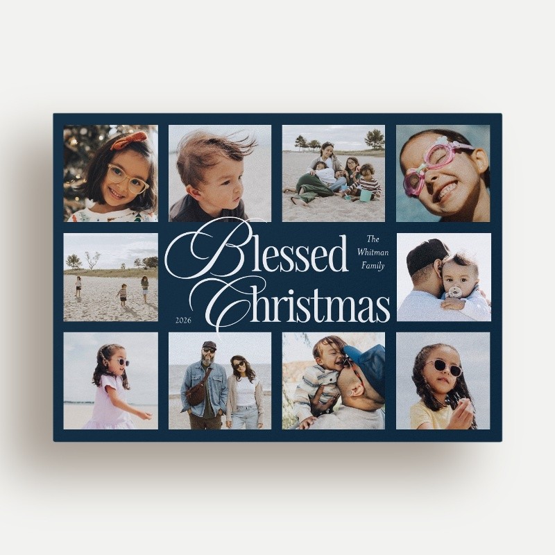 Religious Christmas Cards: Stacked Script 6x8 Landscape Flat Blue 5+ Photos Luxe Double-Thick Cardstock Square Shutterfly