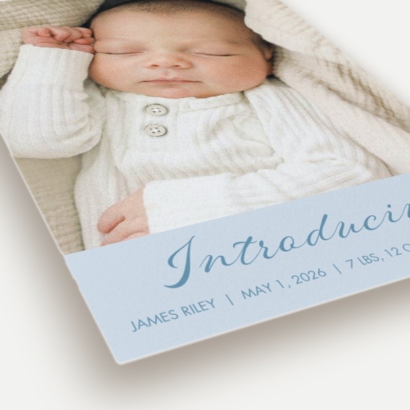 Softly Introducing Birth Announcement Softly Introducing 5x7 Blue Birth Announcement