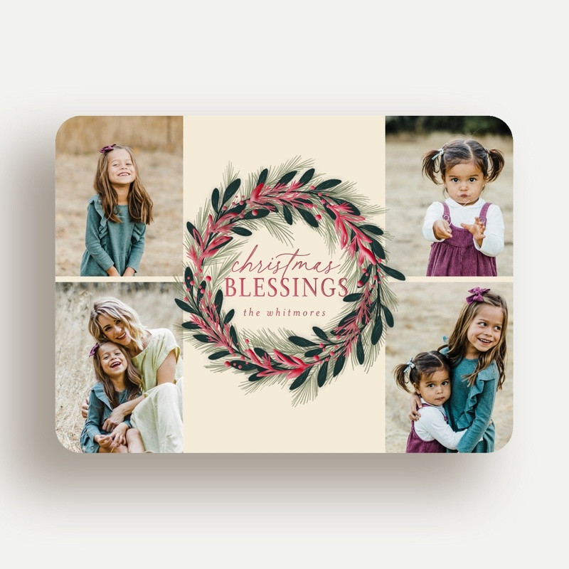 Religious Christmas Foil Cards: Foil Delight Wreath 6x8 Flat Beige Red Foil 4 Photos Foil Cardstock Rounded Shutterfly