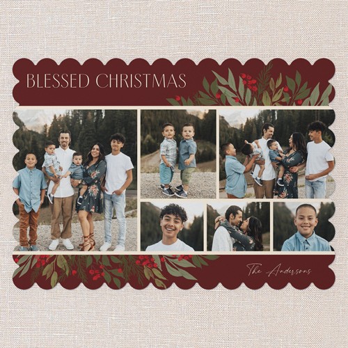 Religious Christmas Cards: Botanicals Gallery 5x7 Landscape Flat Red 5+ Photos Pearl Shimmer Cardstock Scallop Shutterfly