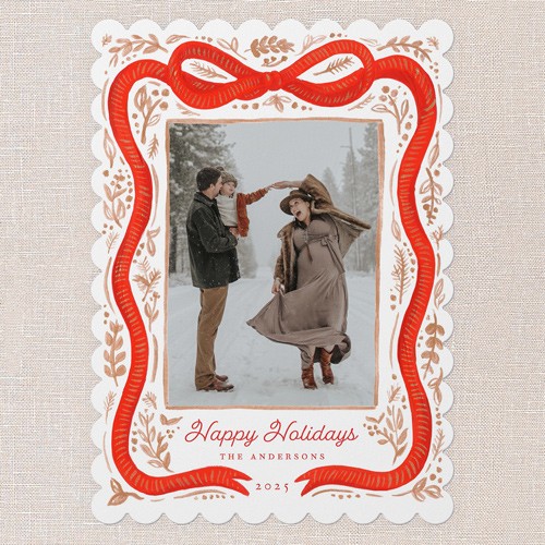 Holiday Cards: Vintage Bow 5x7 Portrait Flat Red 3 Photos Pearl Shimmer Cardstock Scallop Shutterfly