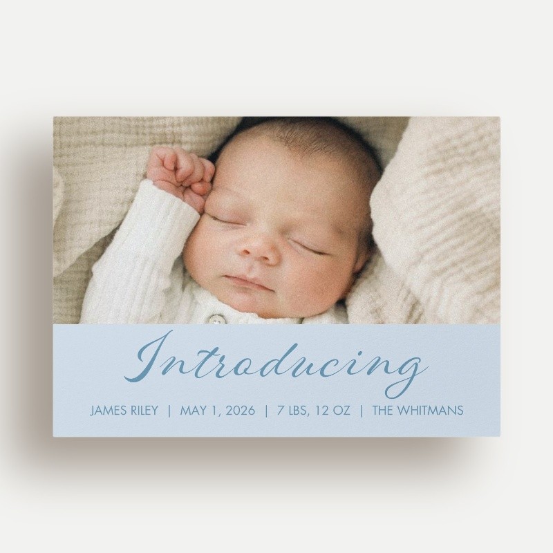 Softly Introducing Birth Announcement Softly Introducing 5x7 Blue Birth Announcement