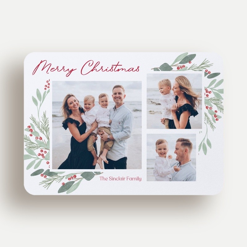 Christmas Cards: Berry Foliage 5x7 Landscape Flat White 3 Photos Signature Smooth Cardstock Rounded Shutterfly